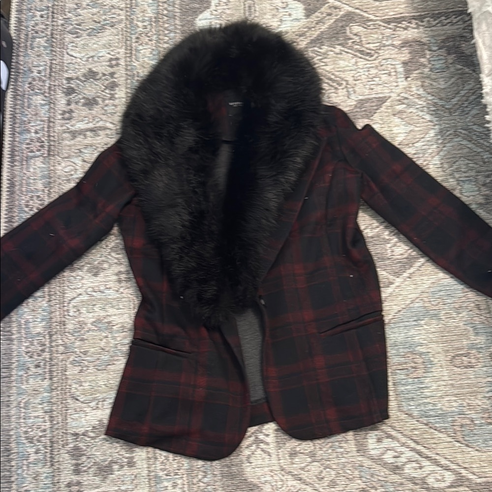 Plaid Women's Jacket with Faux Fur Collar